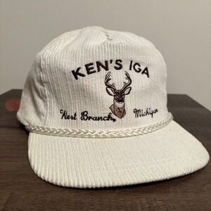 Vintage Kens IGA White Corduroy‎ Hat West Branch Michigan Deer Cap